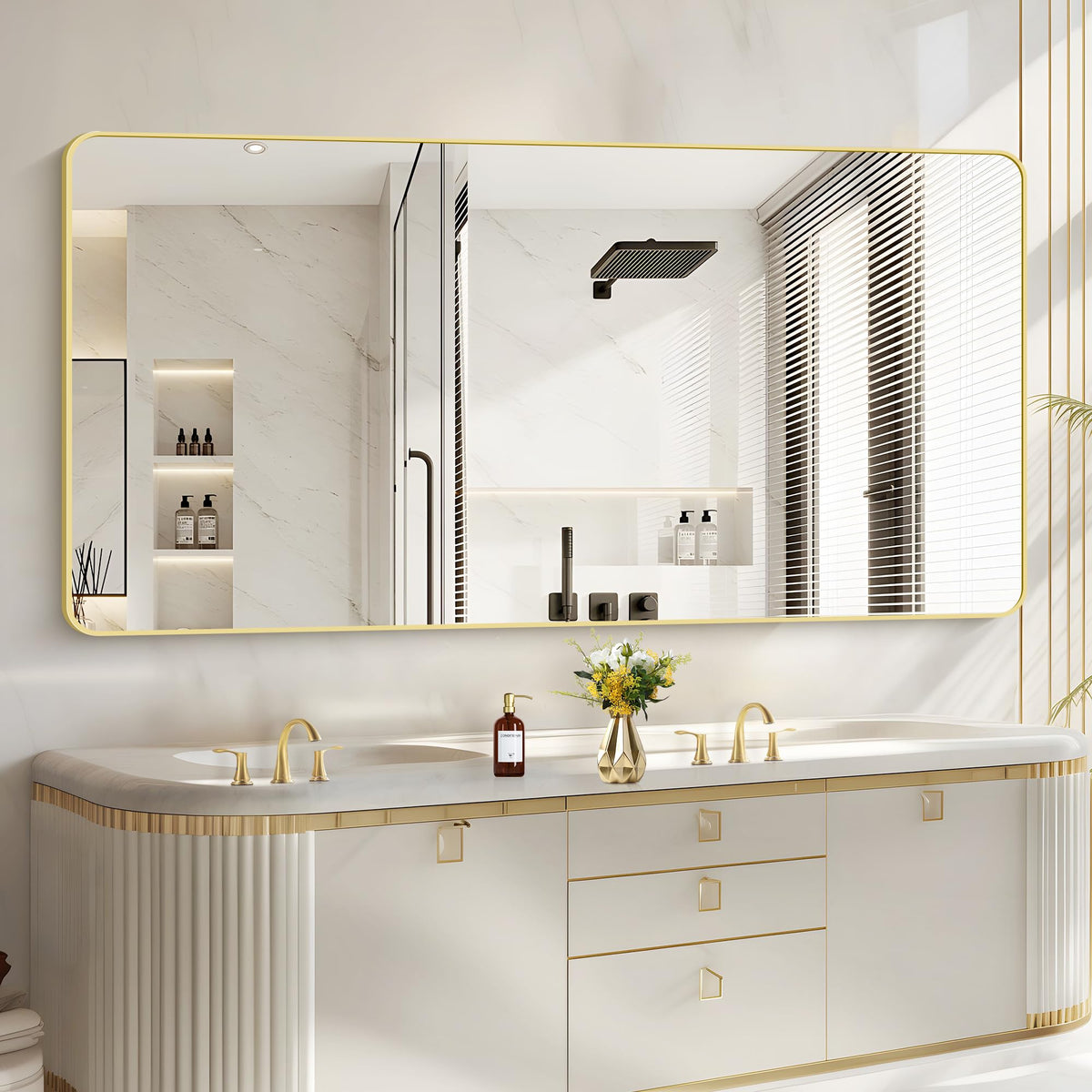 CIVENO 30"x60" Gold Bathroom Mirror Large Rectangle Mirror Rectangular Wall Mirror Rounded Corner Vanity Mirror with Aluminum Metal Frame for Bathroom Bedroom Living Room