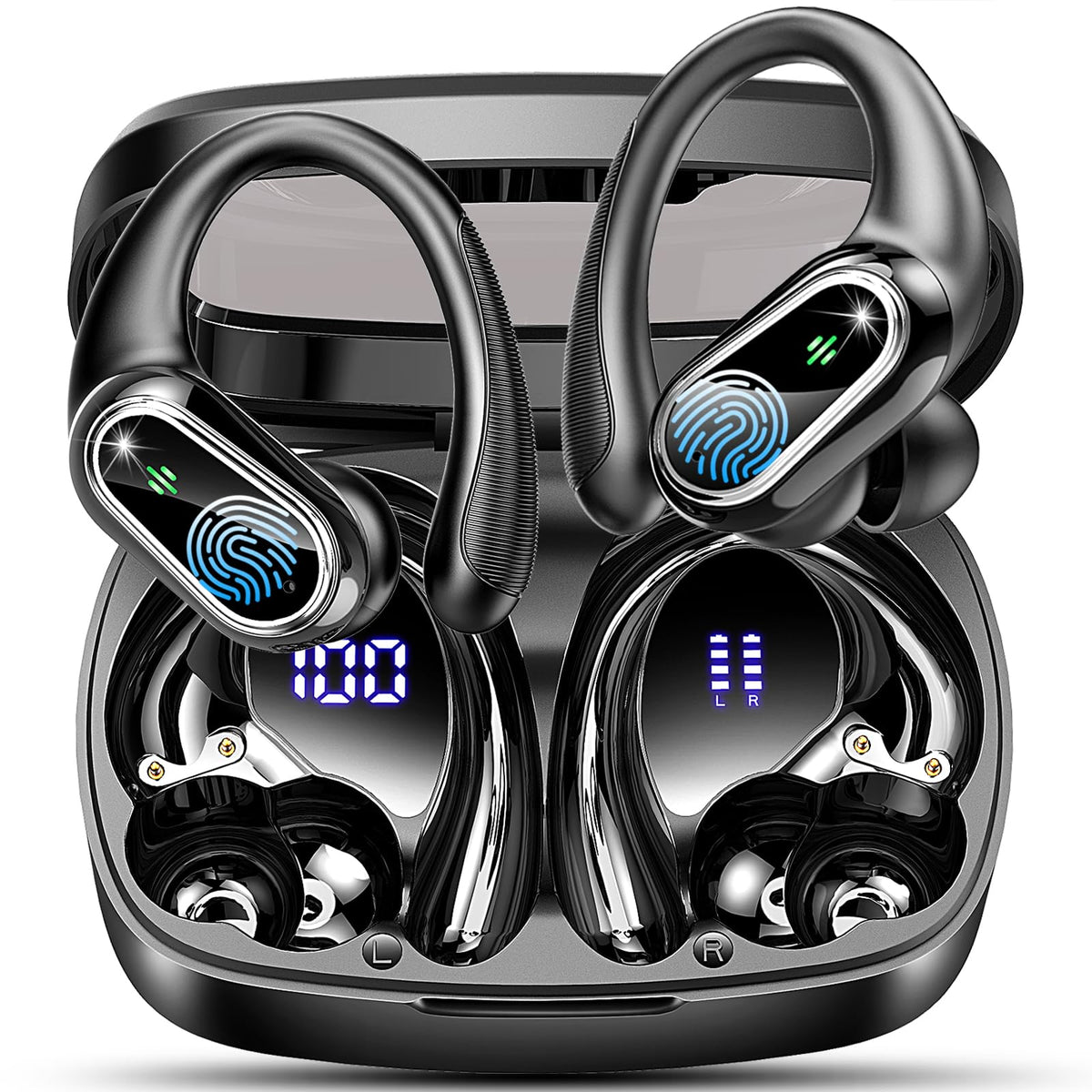 Wireless Earbuds Bluetooth Headphone Sport 50Hrs Playtime Wireless Headphones with ENC Noise Canceling Mic Over Ear Buds with Earhook Deep Bass Digital Display IP7 Waterproof for Running/Workou