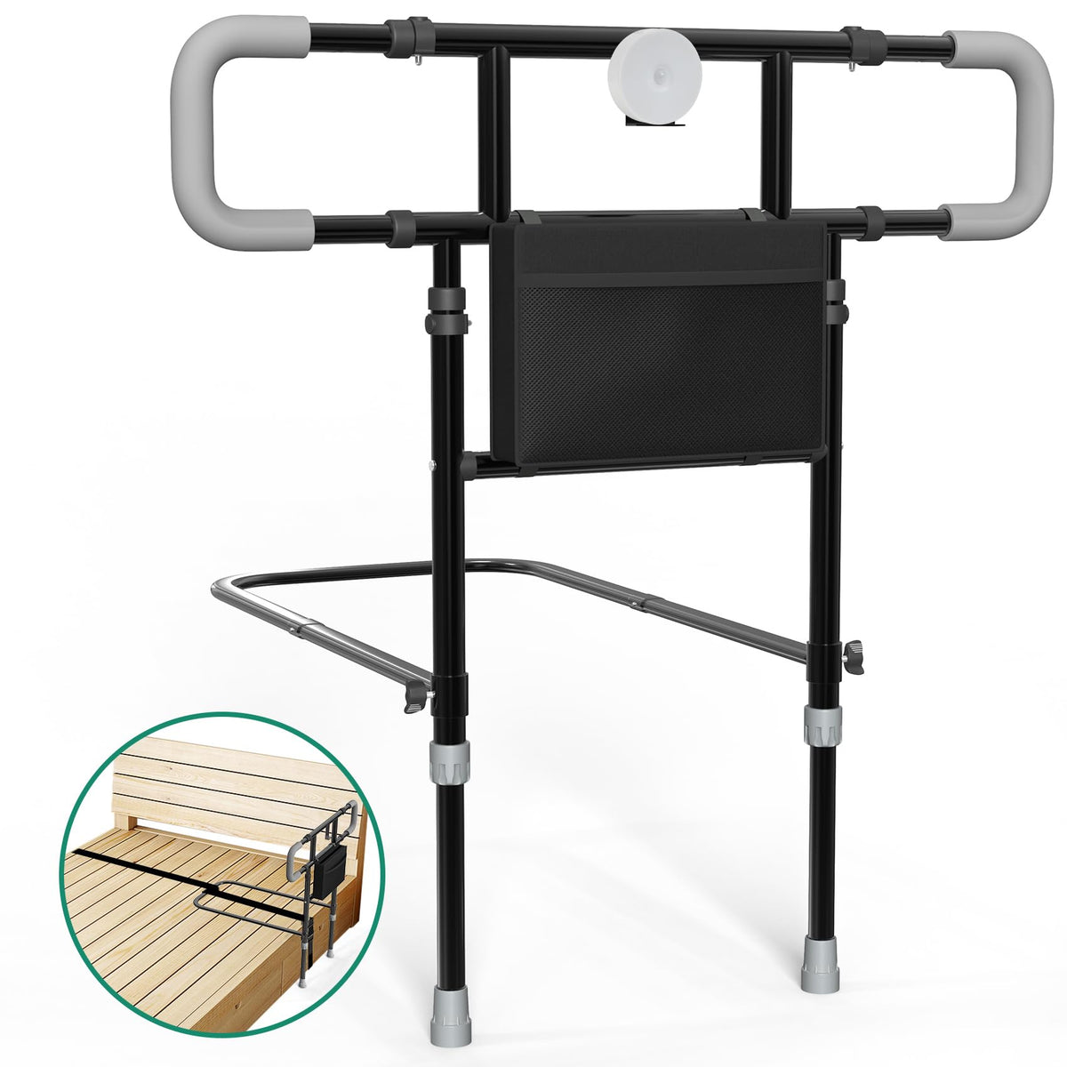 Seeutek Bed Rails for Elderly Adults Safety Foldable Extended Bed Guard Rails for Adults Height Adjustable Bed Cane Bed Assist Rails for Seniors with Safety Strap Storage Pocket LED Light