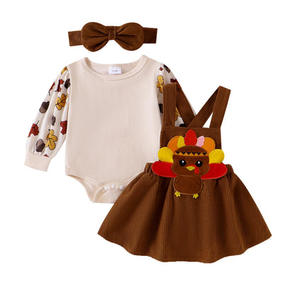 YINGISFITM Thanksgiving Halloween Christmas Baby Girl Outfit Bubble Romper+Turkey Ghost Santa Overalls Skirts Clothes Set (Brown Thanksgiving dress 9-12 Months)