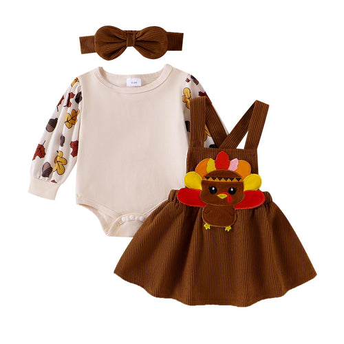 YINGISFITM Thanksgiving Halloween Christmas Baby Girl Outfit Bubble Romper+Turkey Ghost Santa Overalls Skirts Clothes Set (Brown Thanksgiving dress 9-12 Months)