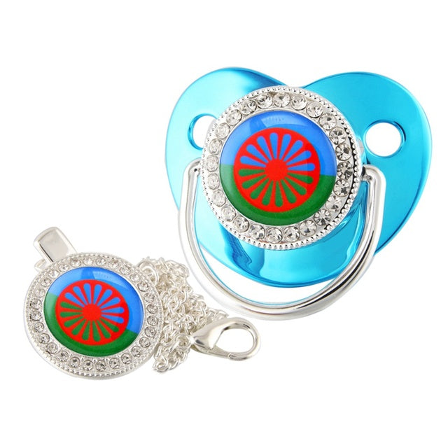 Newborn Pacifier with Silver Chain and Roma Flag Theme