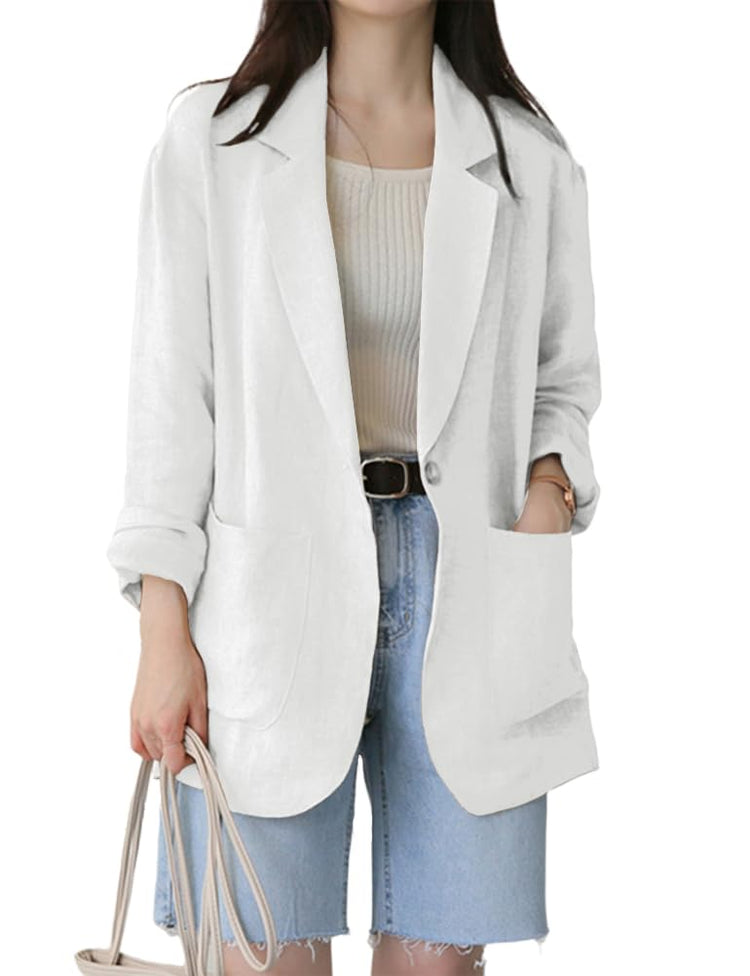 IDEALSANXUN Linen Blazer Women Casual Lightweight Spring Jackets 2024 Linen Summer Clothes Business Office Work Tops Cardigan White L