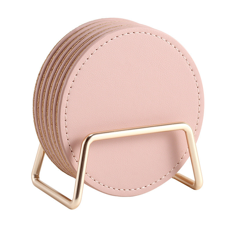 6 Leather Coasters with Metal Holder and Cork Base