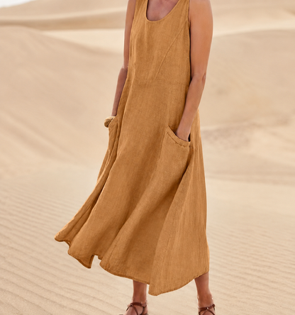 Sleeveless Long U-neck Pocket Dress in Cotton Linen