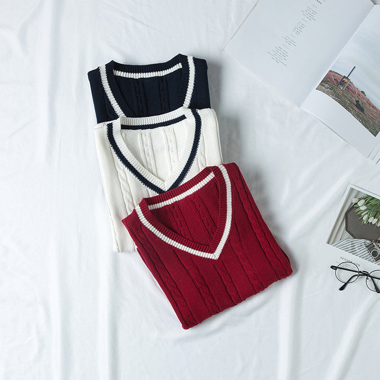 Autumn British Style V-neck Twist Vest Sweater for Women