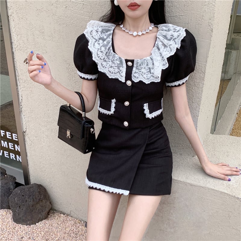 Lace Age Reduction Two-Piece Top and Skirt Set