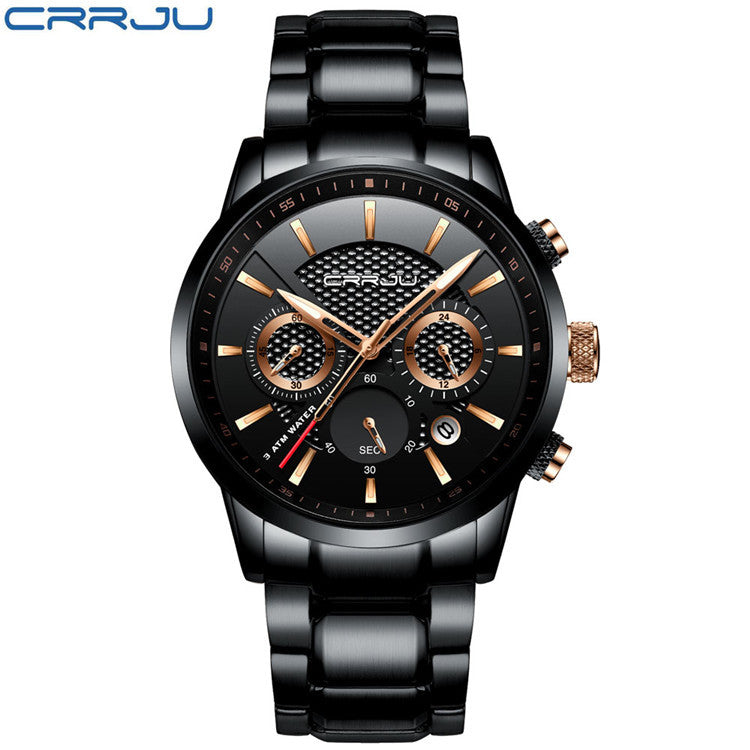 Stylish Men's Black Gold Steel Sports Watch with 3 Eyes