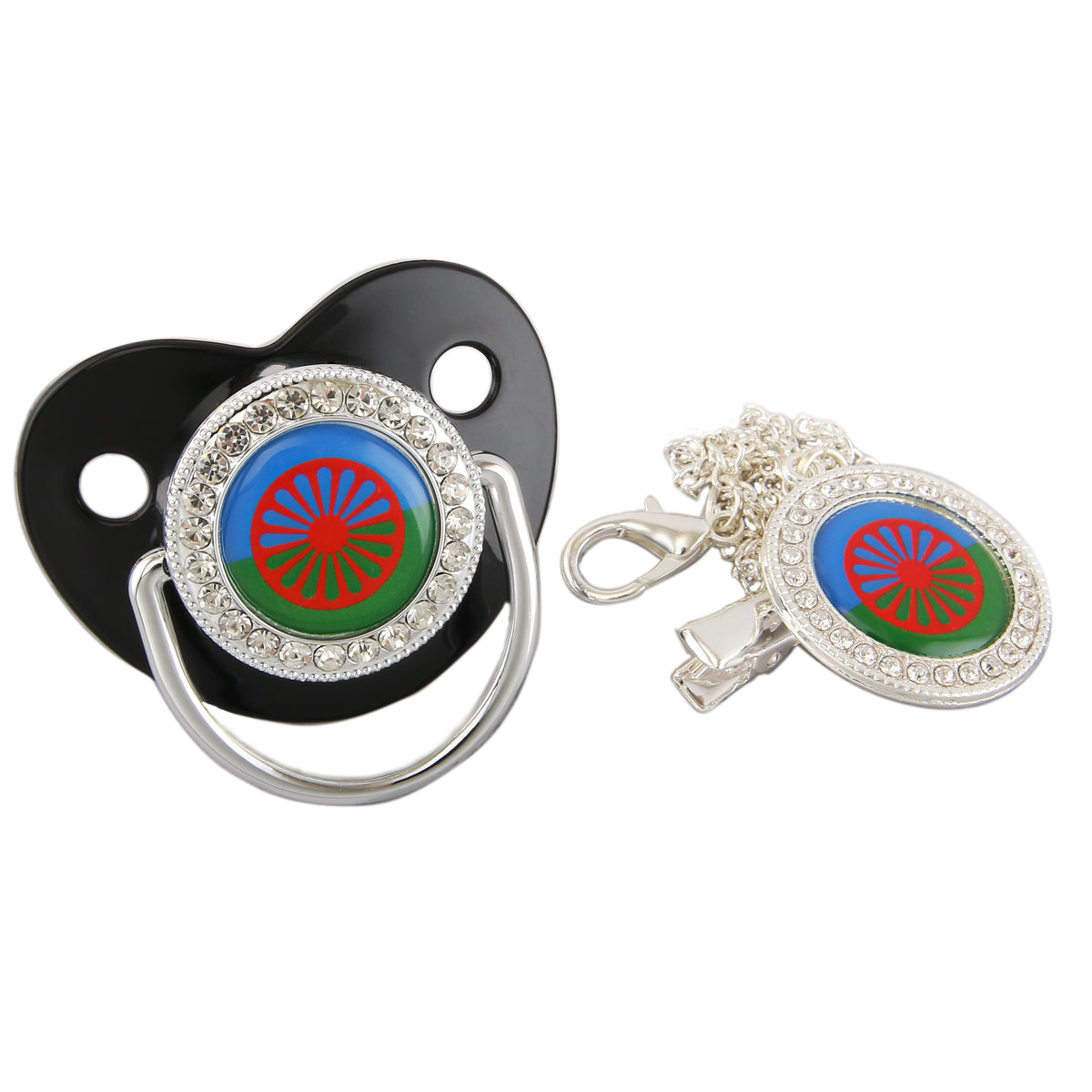 Newborn Pacifier with Silver Chain and Roma Flag Theme