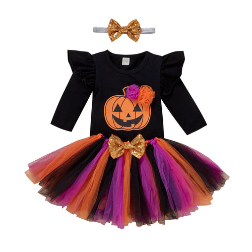 Girls' Halloween Black Romper with Pumpkin Mesh Skirt Set