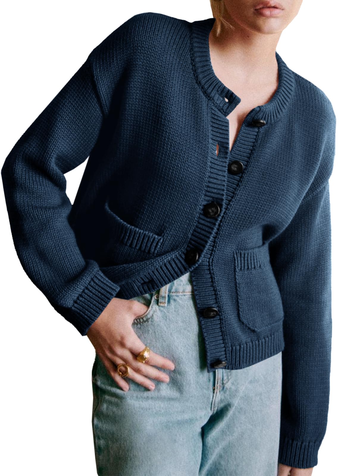 Navy Blue Cardigan for Women Long Sleeve Button Down Crop Sweater for Women 2024 Fall Winter Crew Neck Women Cardigan Sweater With Pocket NavyL
