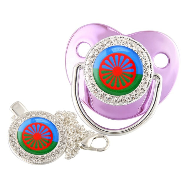 Newborn Pacifier with Silver Chain and Roma Flag Theme