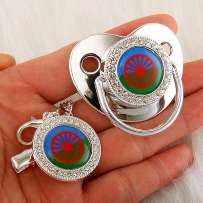 Newborn Pacifier with Silver Chain and Roma Flag Theme