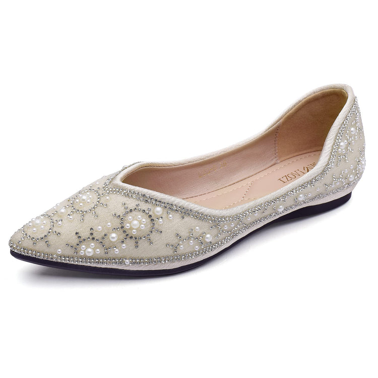 Apricot Flats Shoes Women Rhinestone Fashion Wedding Shoes Rhinestone Pearl Diamond Pointed Head Ballet Flats Size 7