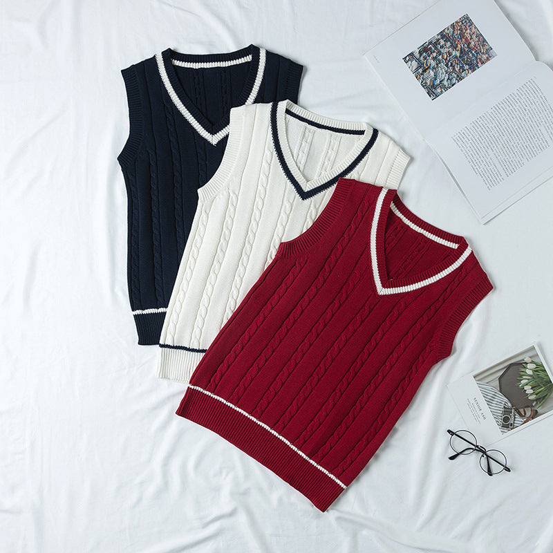 Autumn British Style V-neck Twist Vest Sweater for Women