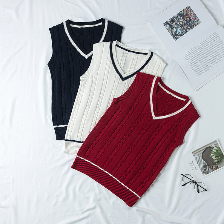 Autumn British Style V-neck Twist Vest Sweater for Women