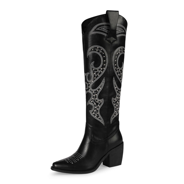 wetkiss Black Cowboy Boots for Women Black Cowgirl Boots Western Boots Women Knee High Tall Cowboy Boots Women Boots Knee High Botas Vaqueras Para Mujer Cowboy Cowgirl Costume for Women