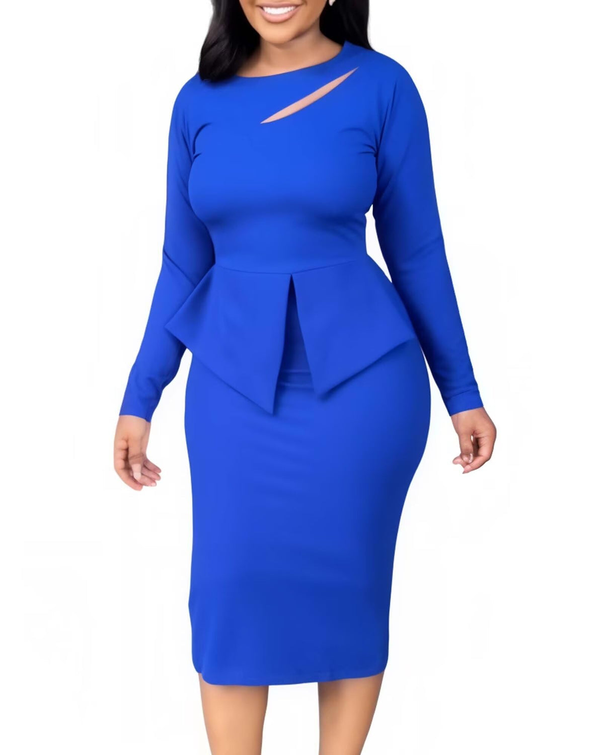 Kafiloe Women Skirt Suits 2 Piece Set for Business Work Formal Church Outfits with Long Sleeve Peplum Top Royal Blue 2XL