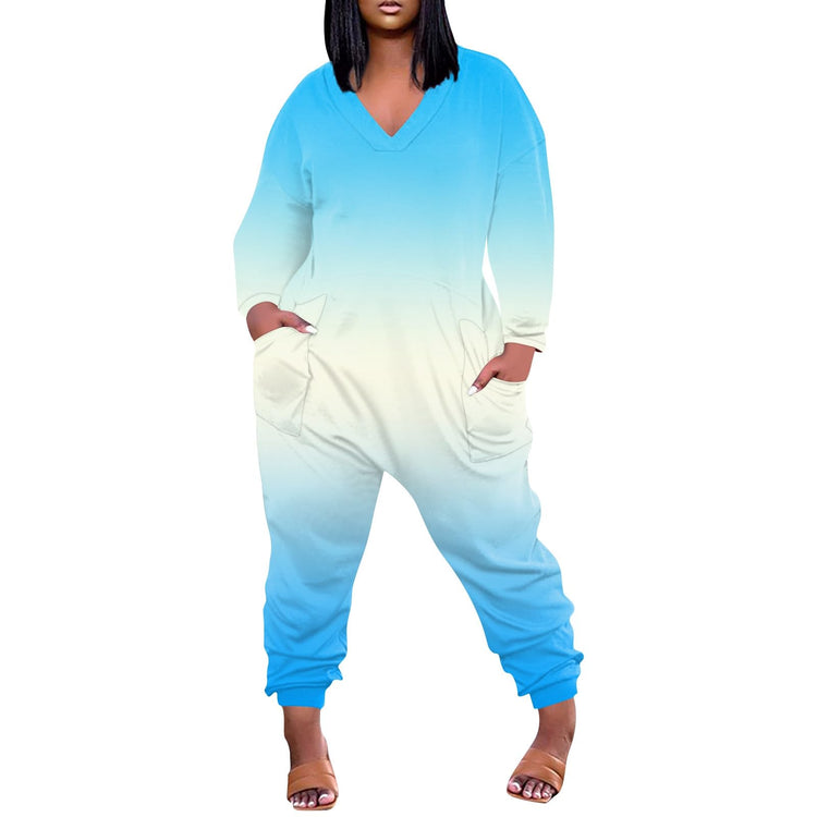 Long Sleeve Women Jumpsuit One Piece Jumpsuits for Women Trendy Plus Size Rompers Spring Casual V Neck Ladies Baggy Overalls 1-Light Blue XX-Large