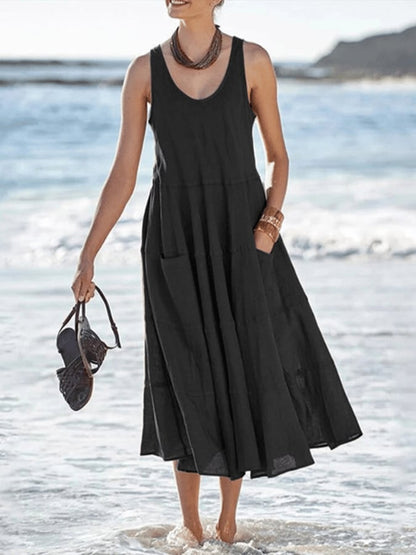 Sleeveless Long U-neck Pocket Dress in Cotton Linen