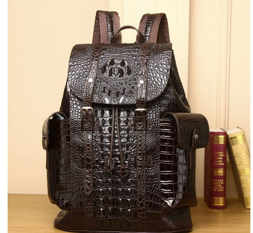 Vintage Style Handcrafted Leather Backpack with Crocodile Pattern