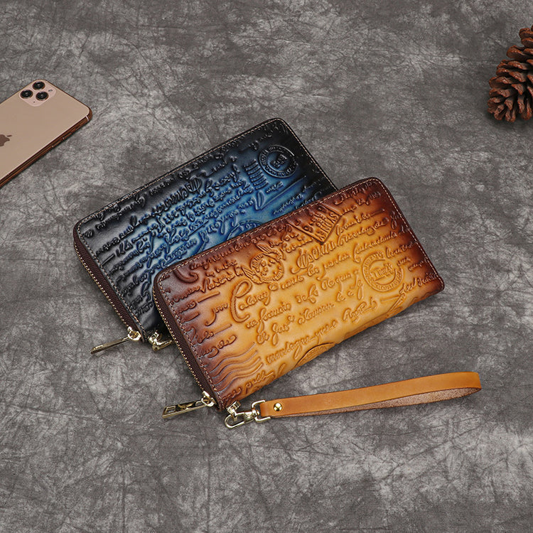Vintage Cowhide Embossed Clutch Wallet for Women
