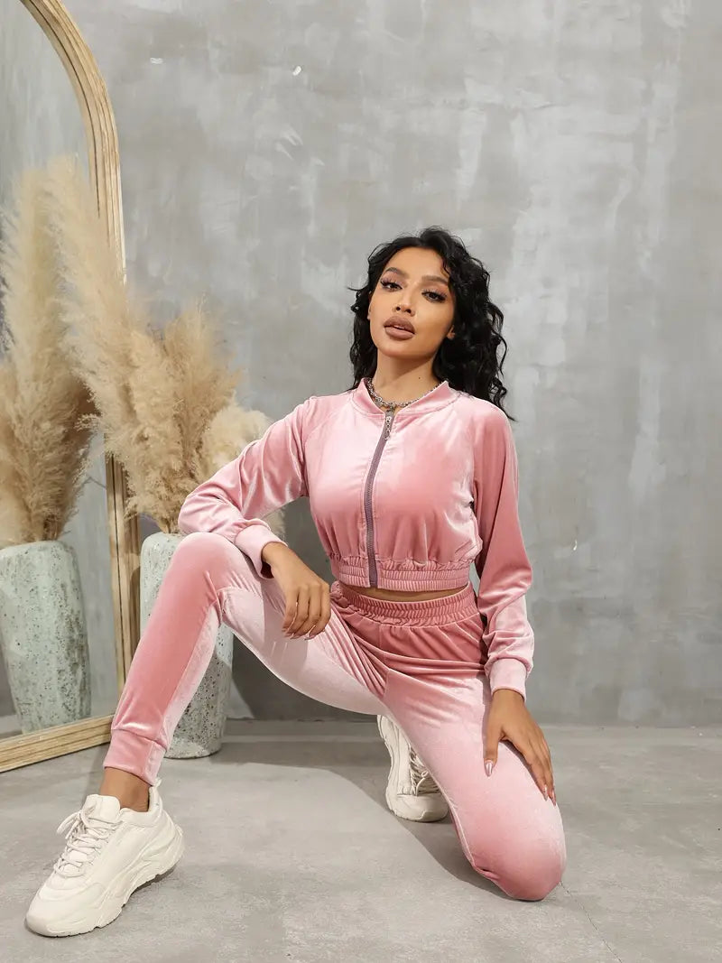 Women's Casual Sports Suit with Zippered Jacket & Pants