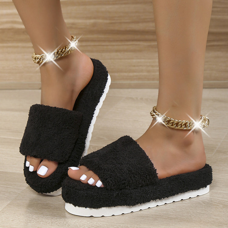Women's Plush Fur High Heel Cotton Tow Slippers