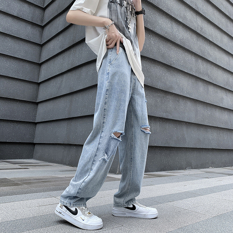 Men's Casual Loose Fit Denim Blue Wide Leg Pants