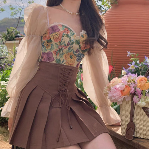 Design Sense Women's High Waist Slim Pleated Skirt Set