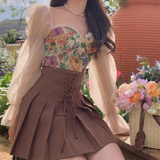 Design Sense Women's High Waist Slim Pleated Skirt Set