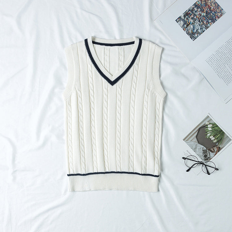 Autumn British Style V-neck Twist Vest Sweater for Women