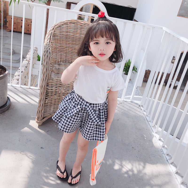 Girls' Short-Sleeve T-Shirt and Plaid Skirt Set
