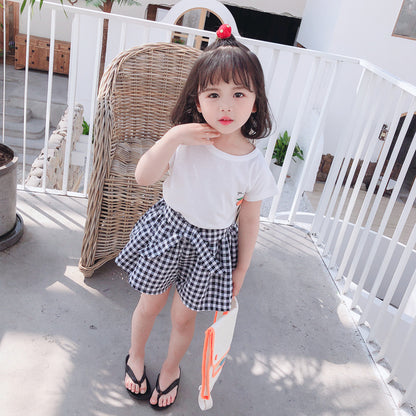 Girls' Short-Sleeve T-Shirt and Plaid Skirt Set