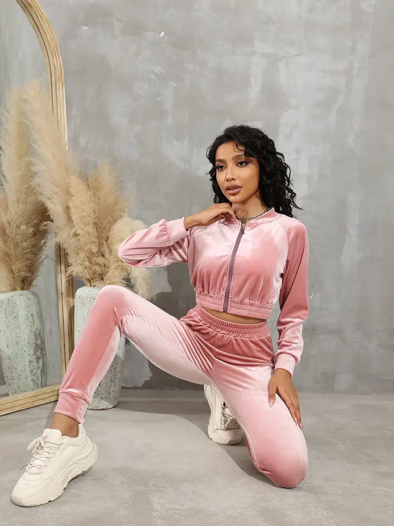 Women's Casual Sports Suit with Zippered Jacket & Pants