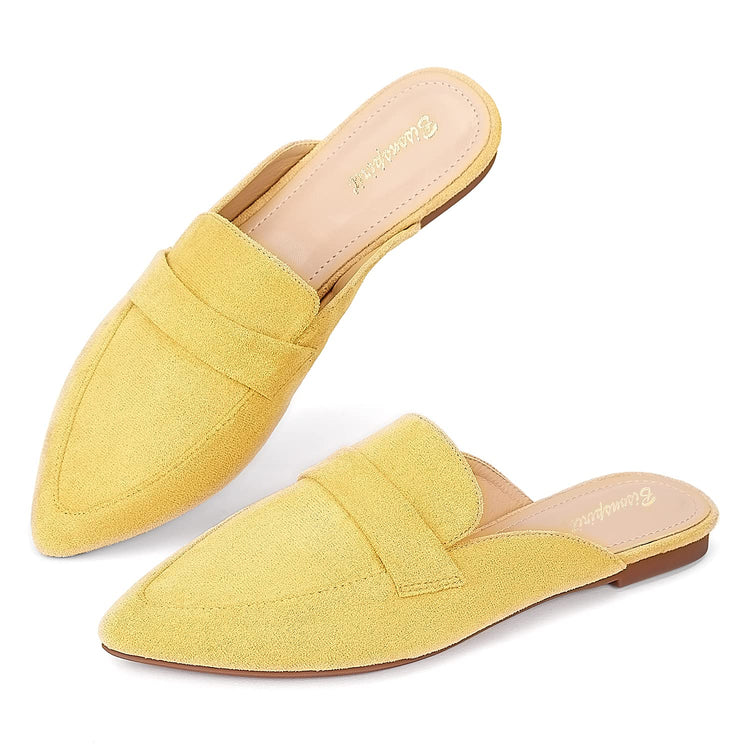 BISON SPIRIT Mules for Women Flats Pointed Toe Slip On Mules Comfortable Loafer Shoes (Yellow Suede9)