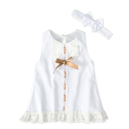 2pcs Set Baby Girl's Summer Dress with Bow Headband