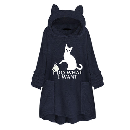 Long Sleeve Cat Print Hoodie with Irregular Hem