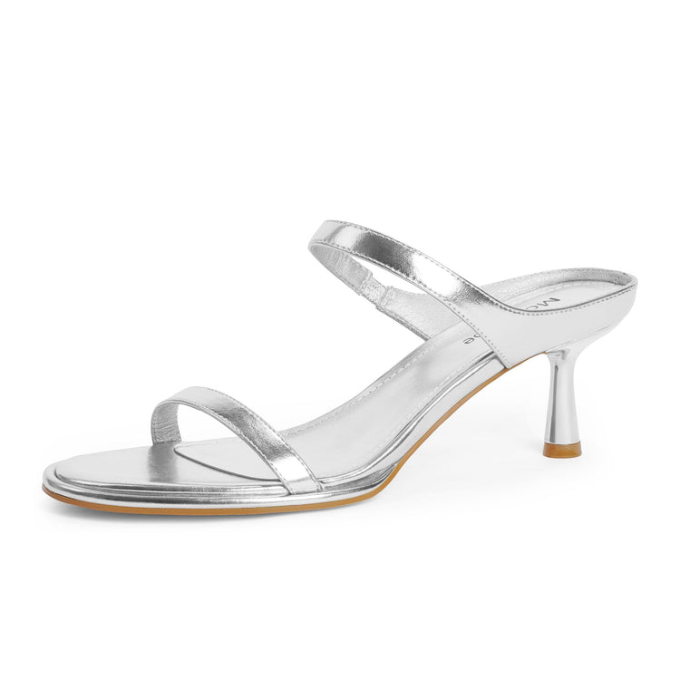 Modatope Silver Heels for Women Two Strap Kitten Heel Sandals Women Slip on Open Toe Sandals Rounded Toe Heeled Sandals Women Size 8