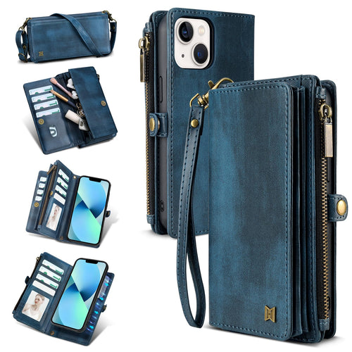 for iPhone 13 Wallet Case(Holds Lipstick, Headphones, etc.),2-in-1 Multi-Functional Portable Magnetic Faux Leather Phone Case with RFID Blocking,Shoulder Strap and Wrist Strap(Blue)