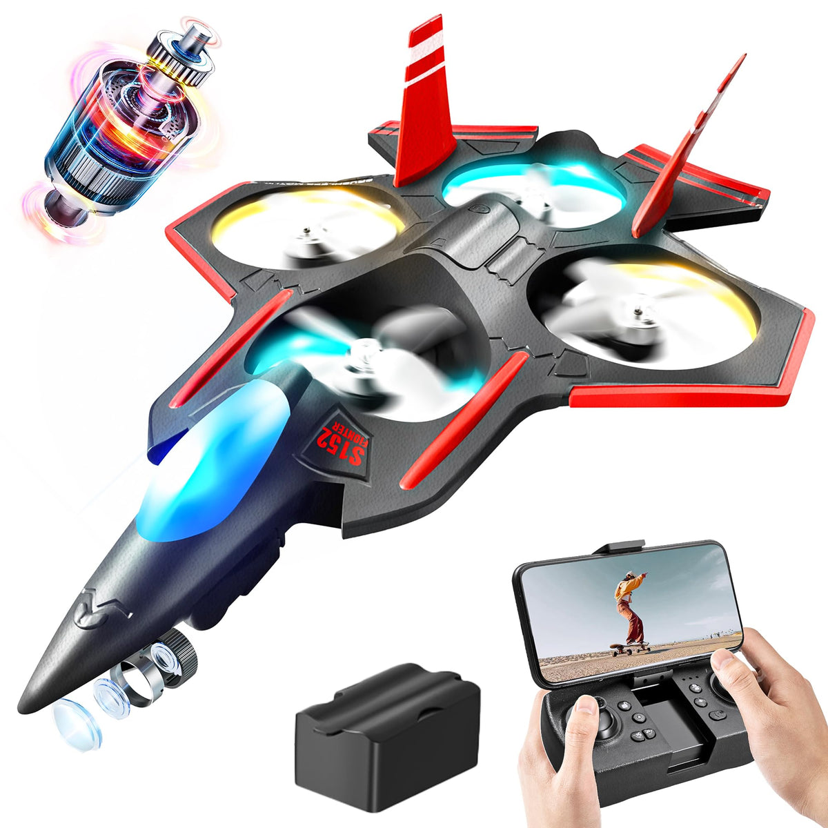 BEZGAR Brushless RC Plane with Camera | 2.4GHZ Remote Control Airplane 6-axis Gyro Drones for Kids RC Helicopter 360°Flip Jet Fighter for Beginners with LED Navigation Lights