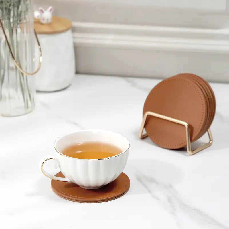 6 Leather Coasters with Metal Holder and Cork Base
