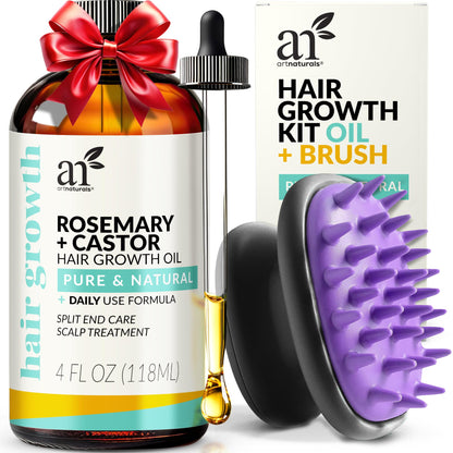 Artnaturals Organic Rosemary Castor Hair Oil + Massager Hair Growth Set Hair Growth Oil 4 ounces with Coconut & Olive Oil for Dry Damaged & Split End