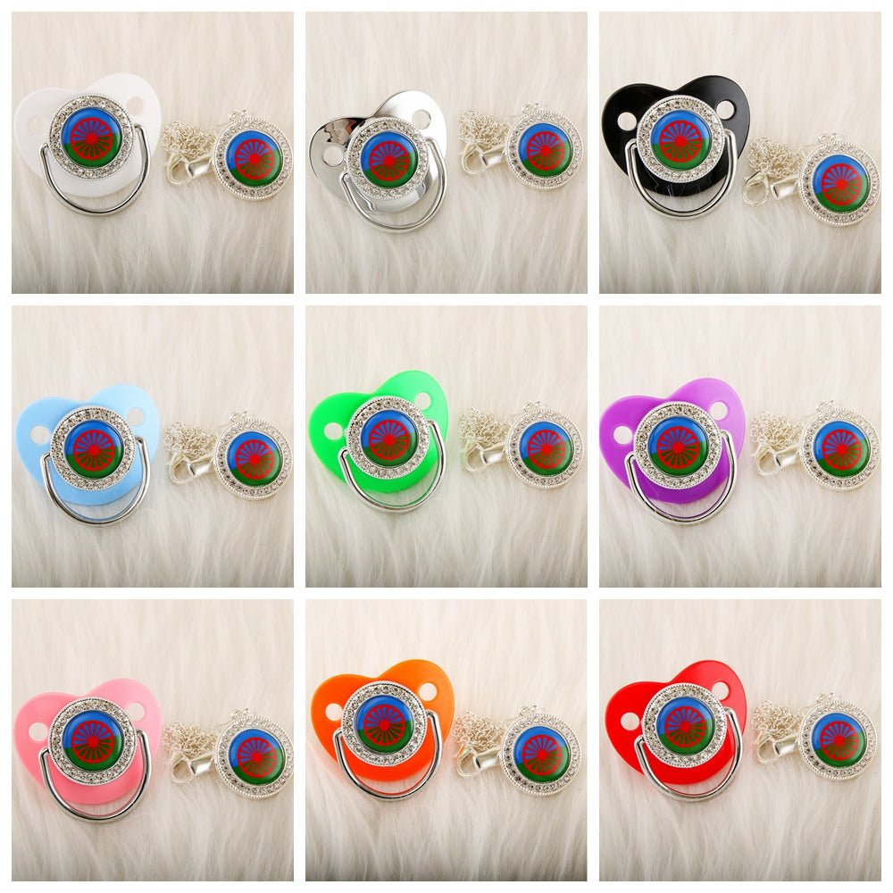 Newborn Pacifier with Silver Chain and Roma Flag Theme