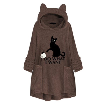 Long Sleeve Cat Print Hoodie with Irregular Hem