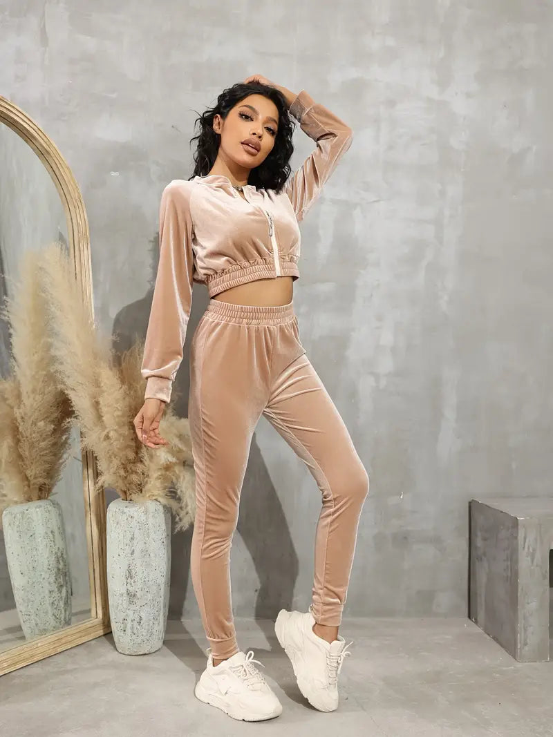 Women's Casual Sports Suit with Zippered Jacket & Pants