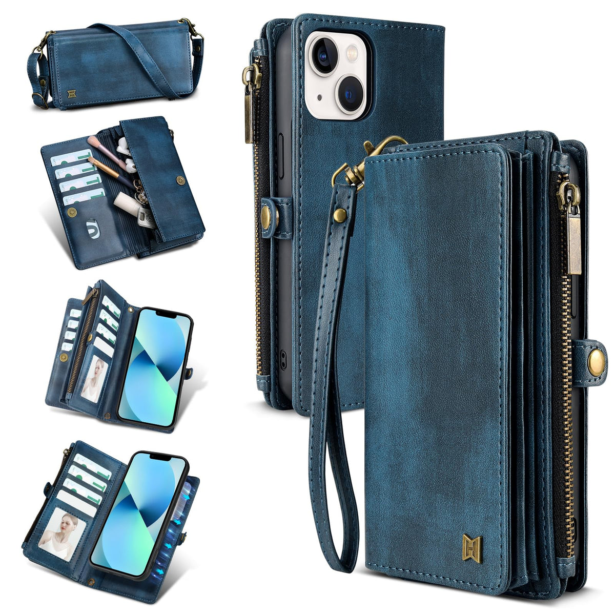 for iPhone 13 Wallet Case(Holds Lipstick, Headphones, etc.),2-in-1 Multi-Functional Portable Magnetic Faux Leather Phone Case with RFID Blocking,Shoulder Strap and Wrist Strap(Blue)