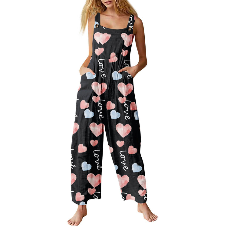 HTQWLP Valentines Day Onesie Women Jumpsuit Costumes for Women Plus Size Linen Cotton Adjustable Strap Heart Graphic Holiday Sleeveless Wide Leg Cute Outfits for Women