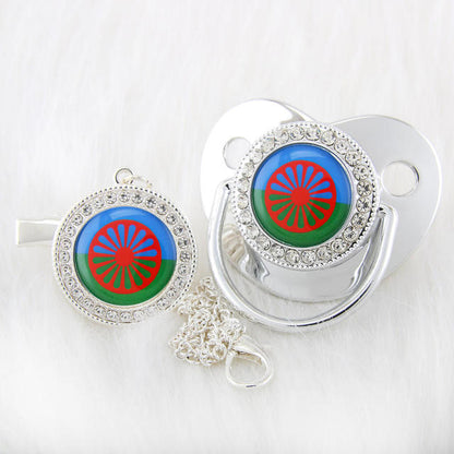 Newborn Pacifier with Silver Chain and Roma Flag Theme