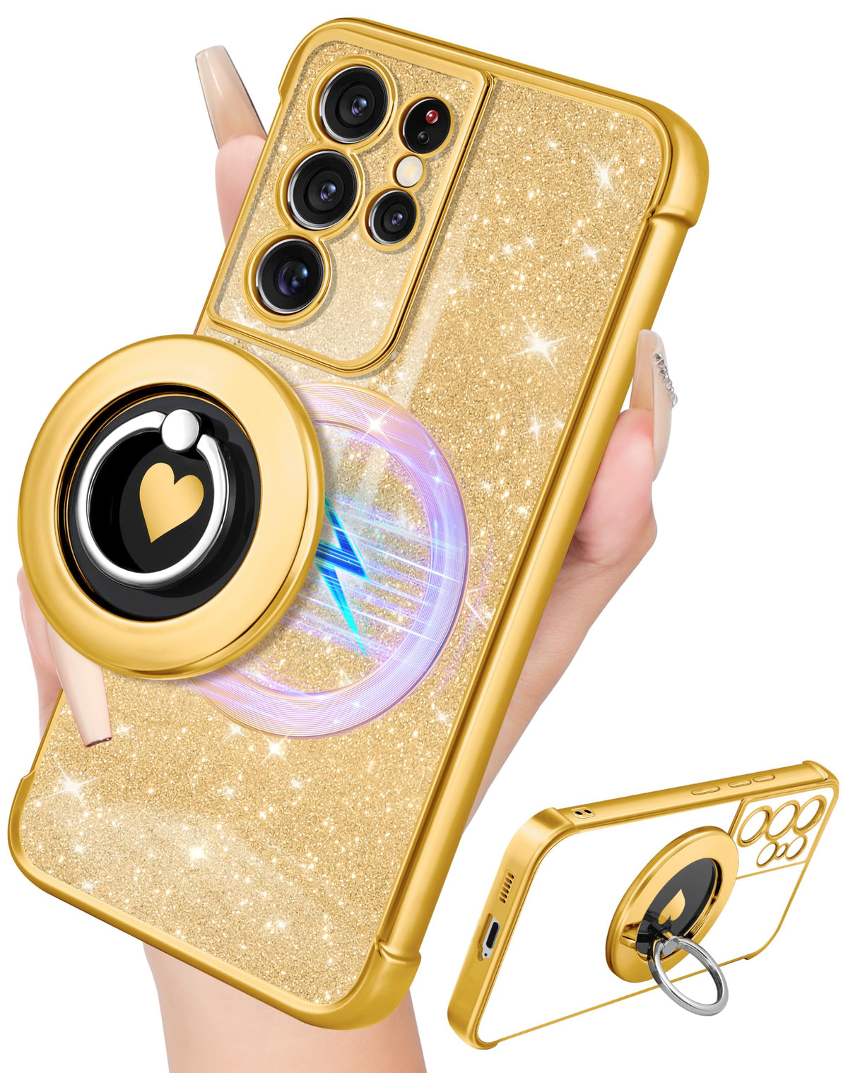 for Samsung Galaxy S21 Ultra Case - Women Glitter Bling Compatible with MagSafe Ring Stand Magnetic Phone Case Girls Cute Girly Sparkle Luxury Elegant for Samsung S21 Ultra Cases - Gold